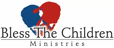 Bless The Children Ministries logo featuring split blue and red heart with white dove symbol.